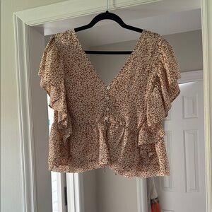 Floral Ruffle Sleeve Top - Brown